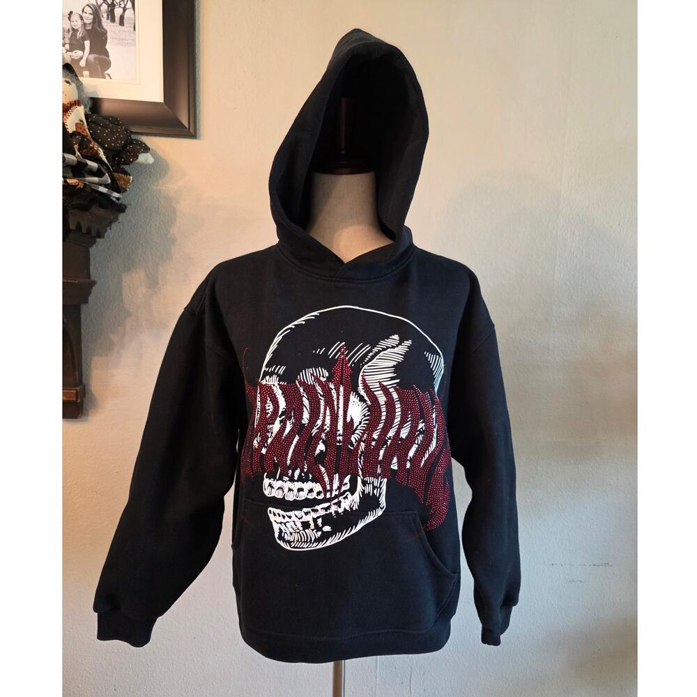 Pacsun Beware Hoodie Sweatshirt Skulll Rhinestones Flames SZ Medium